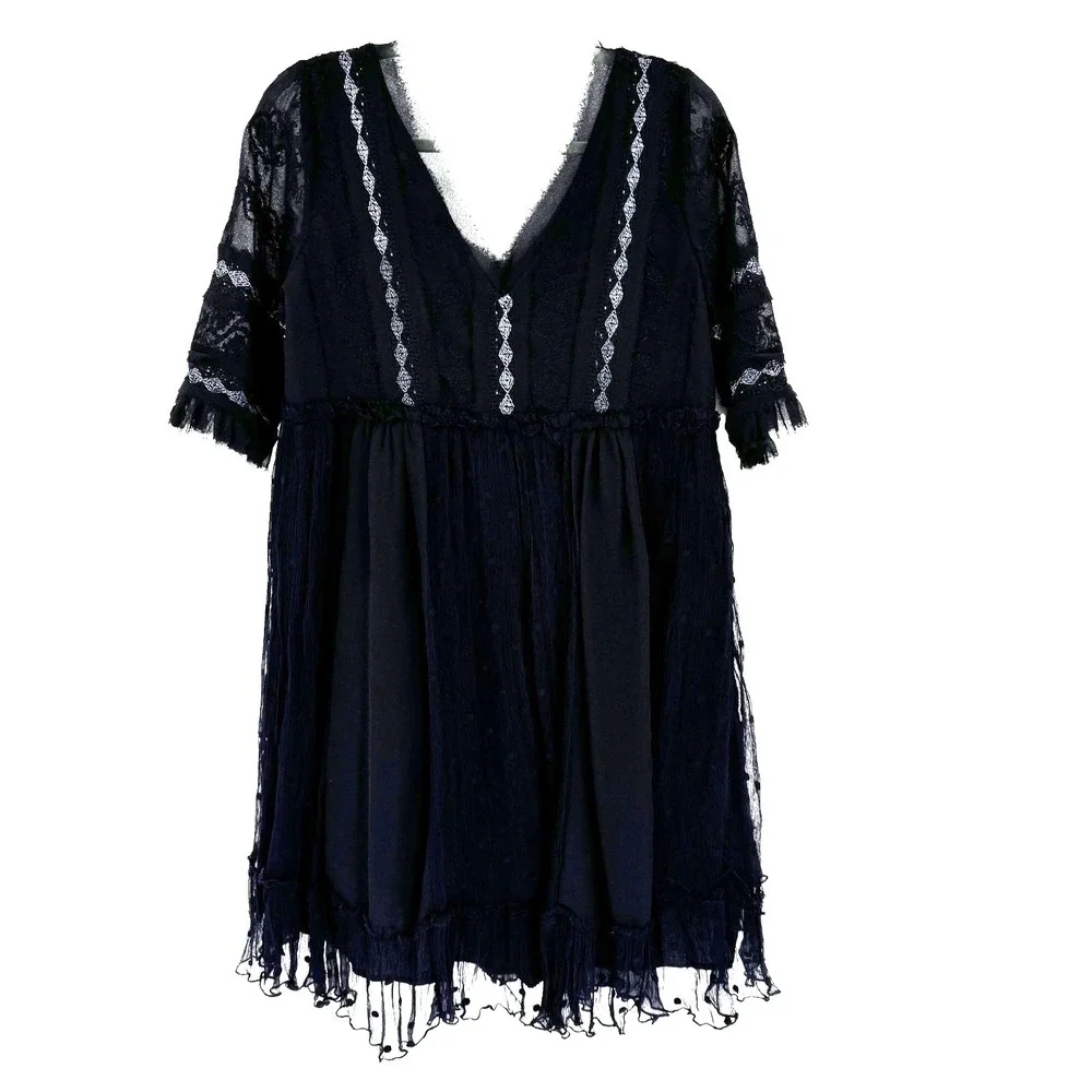 Free People Whimsygoth Mini Dress Women's Small Black Lace Sheer Boho Witchy - Picture 3 of 12